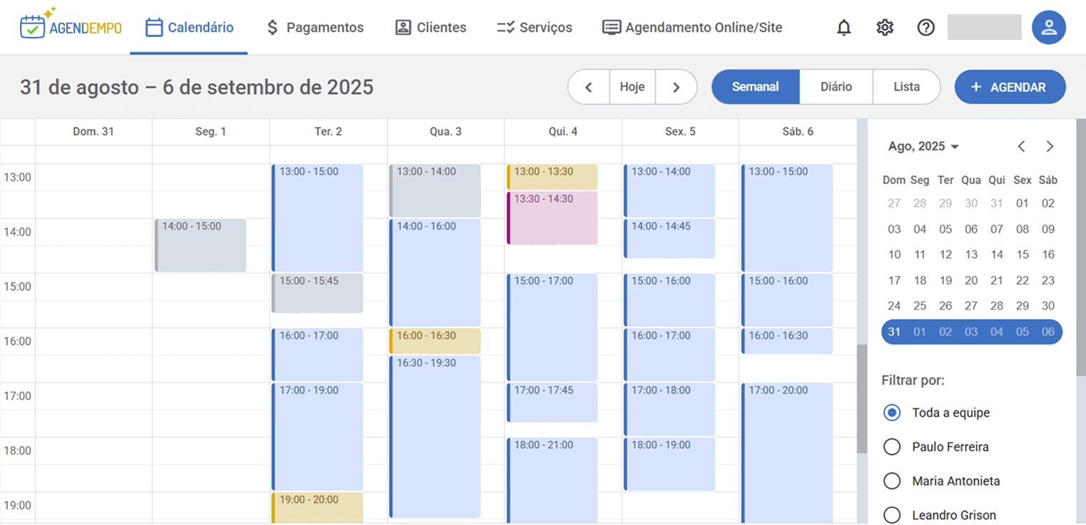 Interface do sistema de agendamento online AGENDEMPO