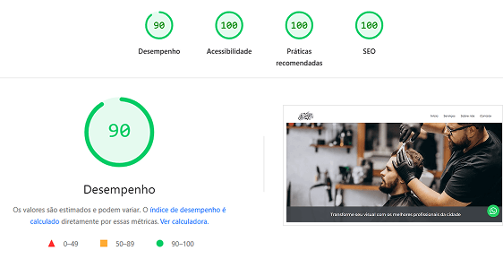 Preview do PageSpeed Insights do Google com nota máxima