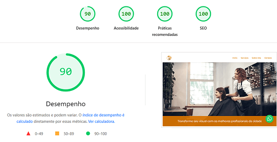 Preview do PageSpeed Insights do Google com nota máxima
